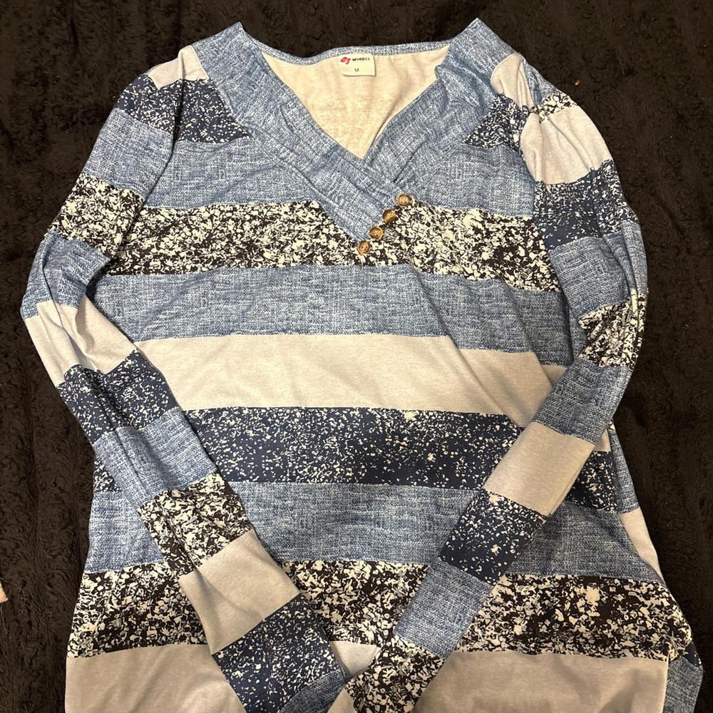 Blue and Gray Striped V-Neck Sweater